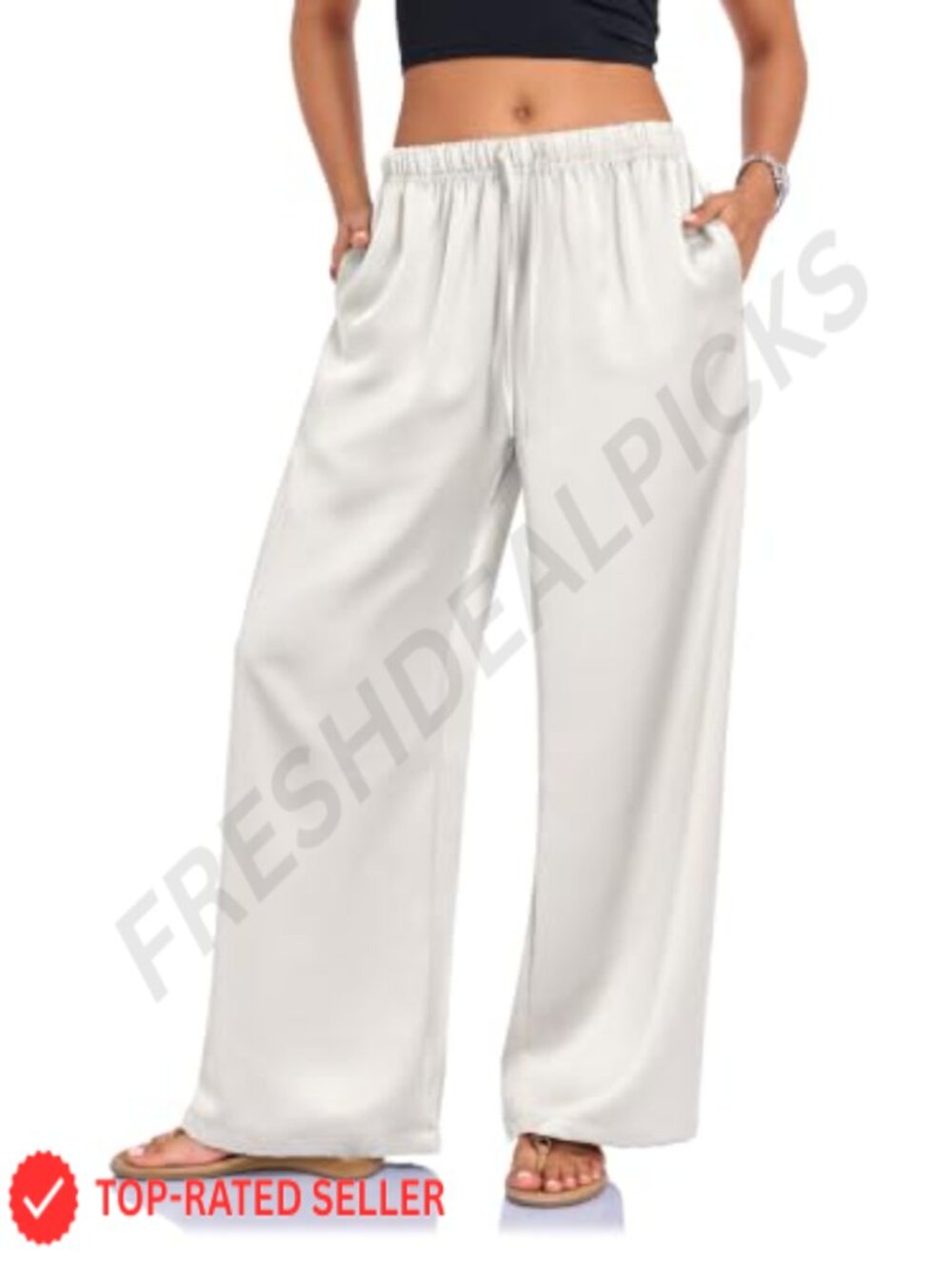 Silk Satin Wide Leg Pants Drawstring Pockets Casual Trousers